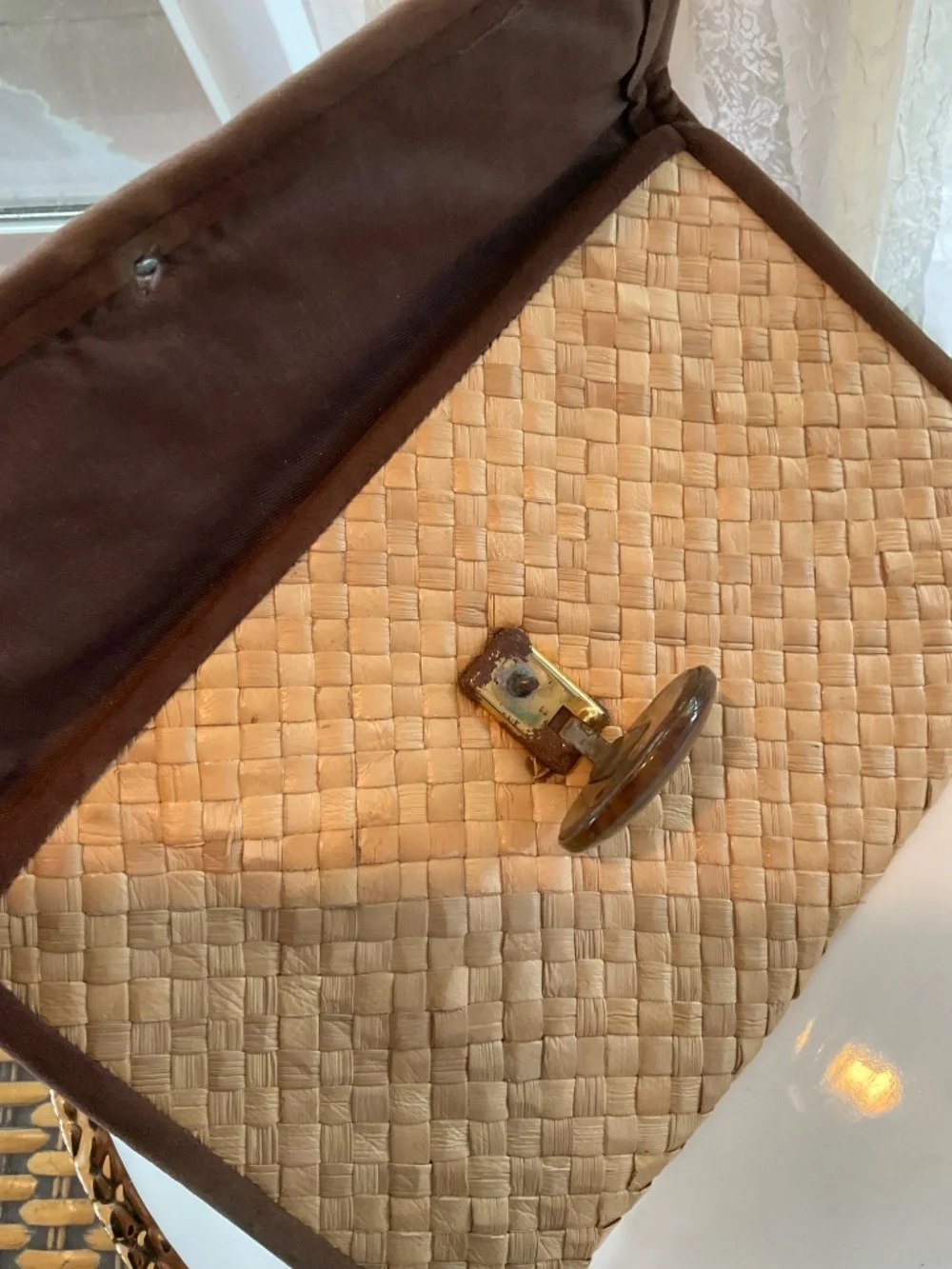 Lovely Old Lauhala Clutch With Acrylic Faux Tortoise Shell Button